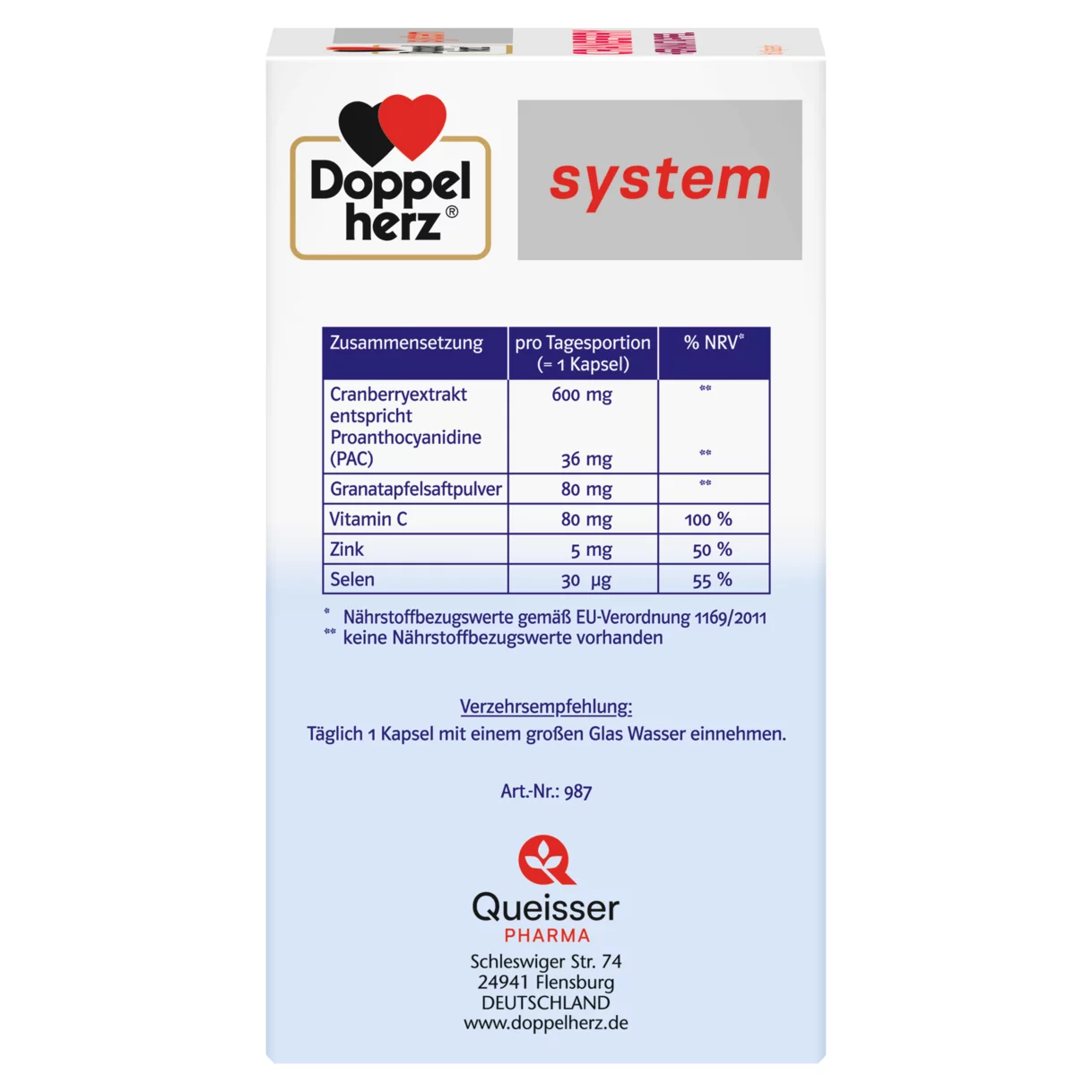 Abbildung der Produktverpackung Doppelherz system CRANBERRY + GRANATAPFEL Seitenansicht links